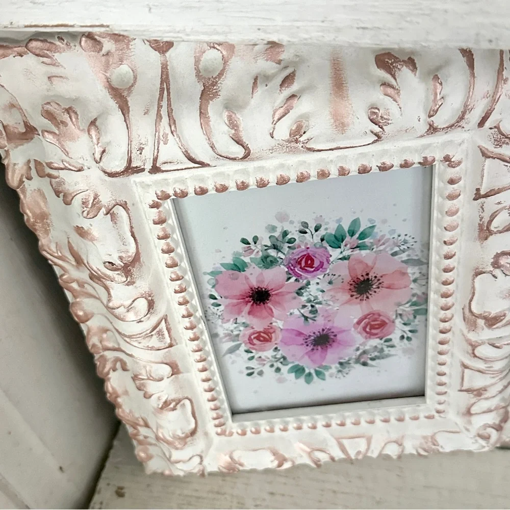 Colorful Floral Picture Vintage Style Ornate Thick White Rose Gold Framed Art